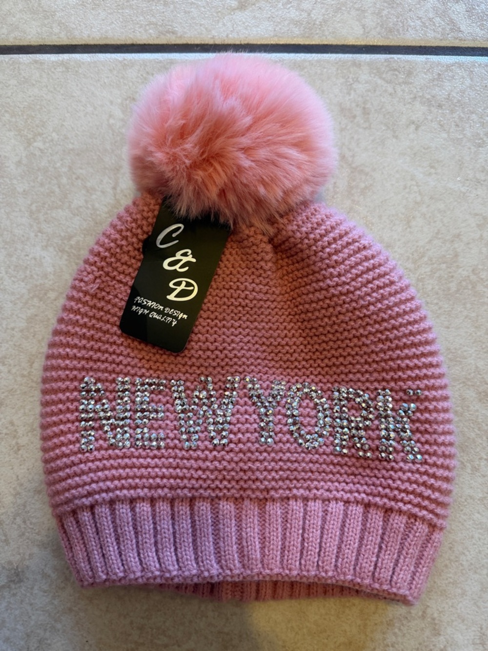 Pink Pom Pom Beanie with 'NEW YORK' Rhinestones